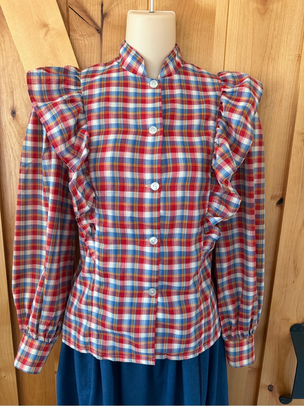 *SOLD* VTG 80s Handmade Plaid Ruffle Blouse Cottagecore Prairie Romantic, S - Picture 5 of 14